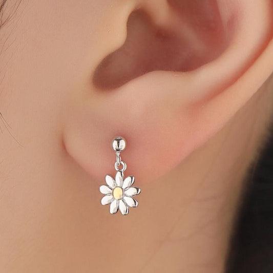 Sterling Silver Daisy Drop Stud Earrings, Delicate Dainty Dangle Daisy Flower Earrings