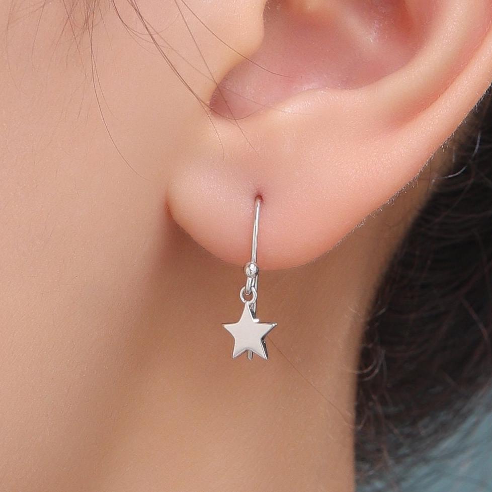 Minimalist Star Dangle Drop Hook Earrings in Sterling Silver, Silver or Gold or Rose Gold, Tiny Star Dangle Earrings