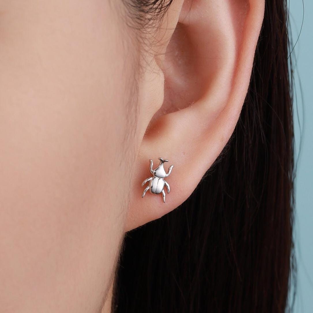 Tiny Little Stag Beetle Stud Earrings in Sterling Silver, Silver or Gold, Beetle Earrings, Bugs Earrings, Bugs Stud