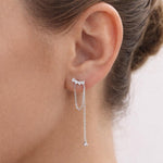 Curved CZ Bar Chained Stud Earrings in Sterling Silver, Silver, Gold or Rose Gold, Dangle Chain Earrings, Single Piercing