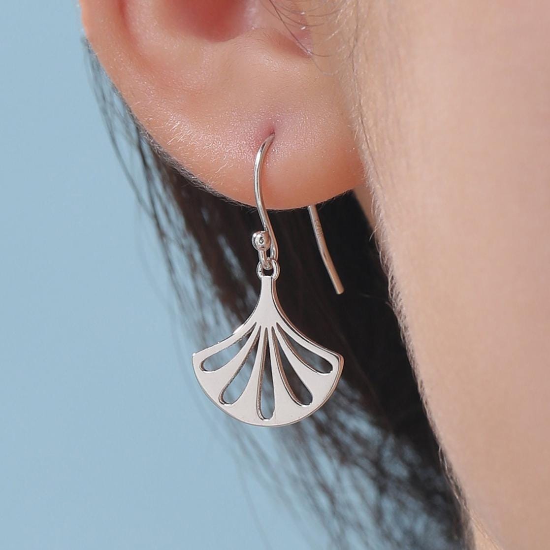 Art Deco Fan Drop Hook Earrings in Sterling Silver, Silver or Gold or Rose Gold, Tiny and Delicate Fan Earrings, Art Deco Style