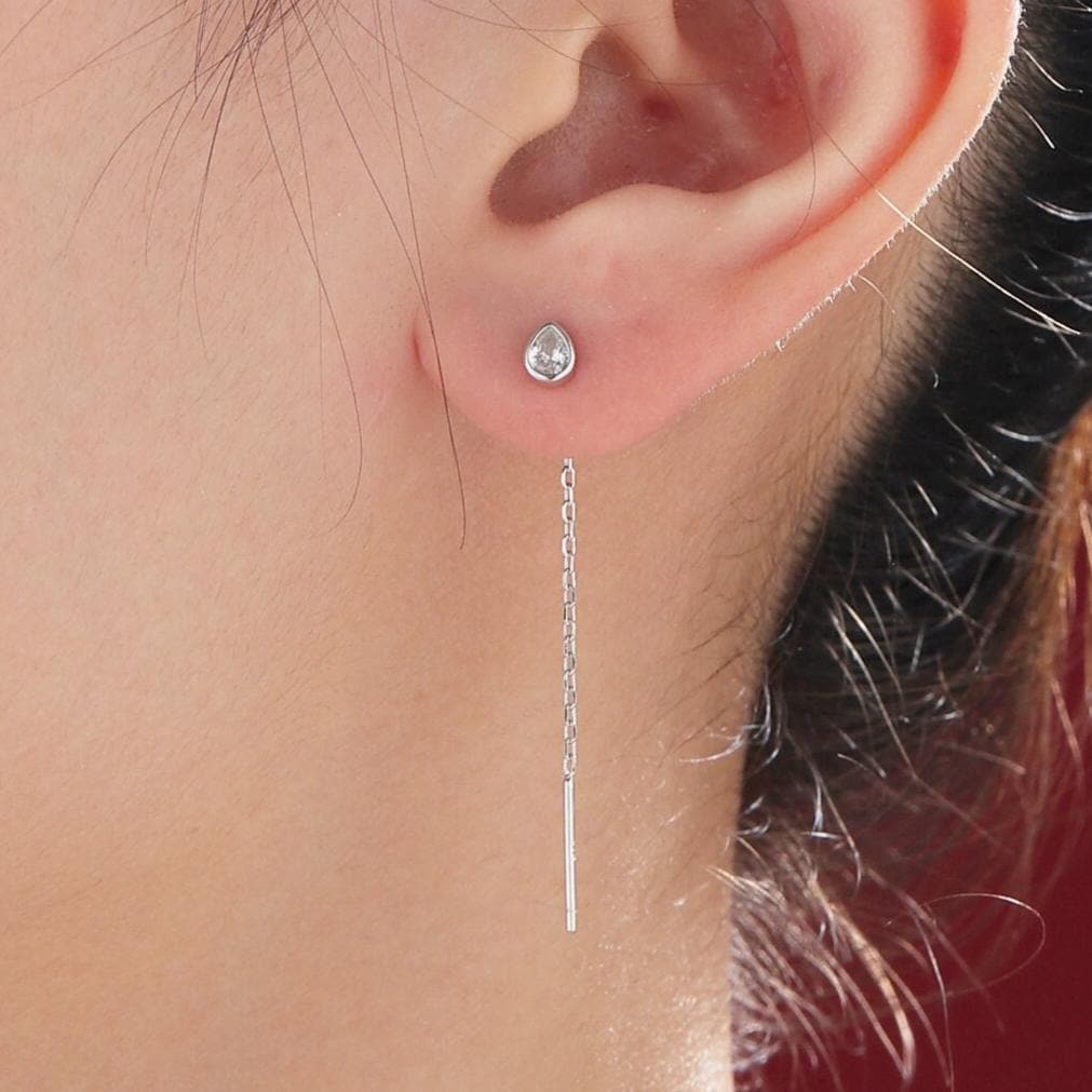 Delicate Droplet Bezel CZ Crystal Threader Earrings in Sterling Silver, Silver or Gold, Minimalist Pear Cut Crystal Ear Threaders