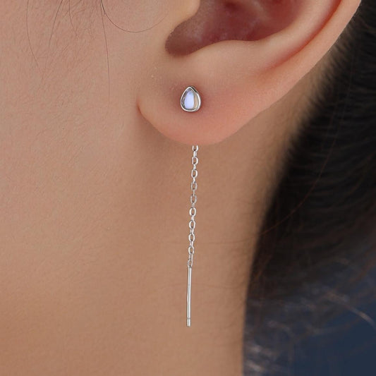 Sterling Silver Tiny Moonstone Droplet Ear Threader Earrings, Silver or Gold or Rose Gold, Lab Moonstone Minimalist Threader Earrings