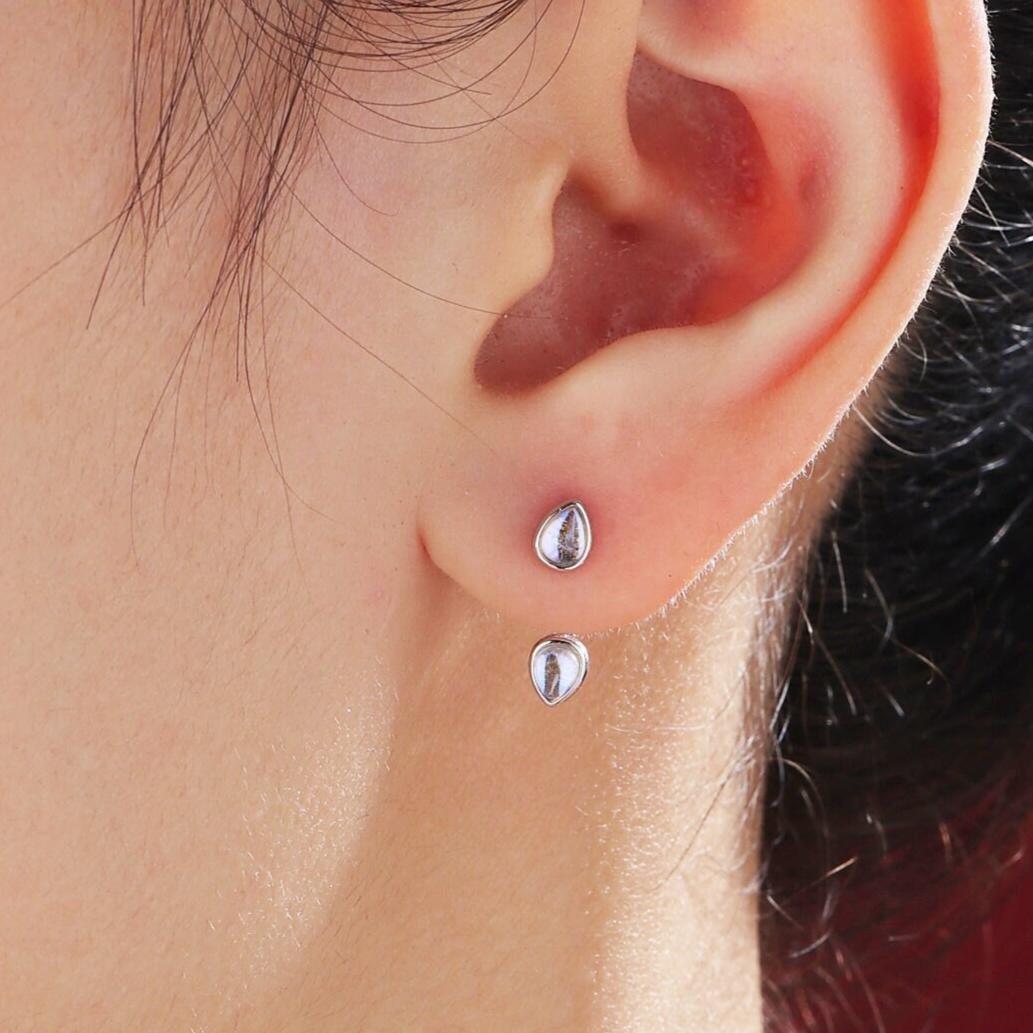 Moonstone Droplet Ear Jacket in Sterling Silver, Silver or Gold, Lab Moonstone Pear Bezel Earrings, Front and Back Earrings