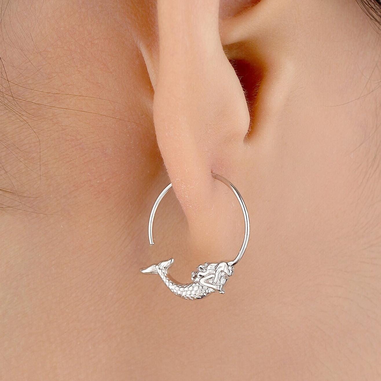 Mermaid Open Hoop Earrings in Sterling Silver, Silver or Gold or Rose Gold, Minimalist Siren Earrings, Simple Mermaid Fish Earrings