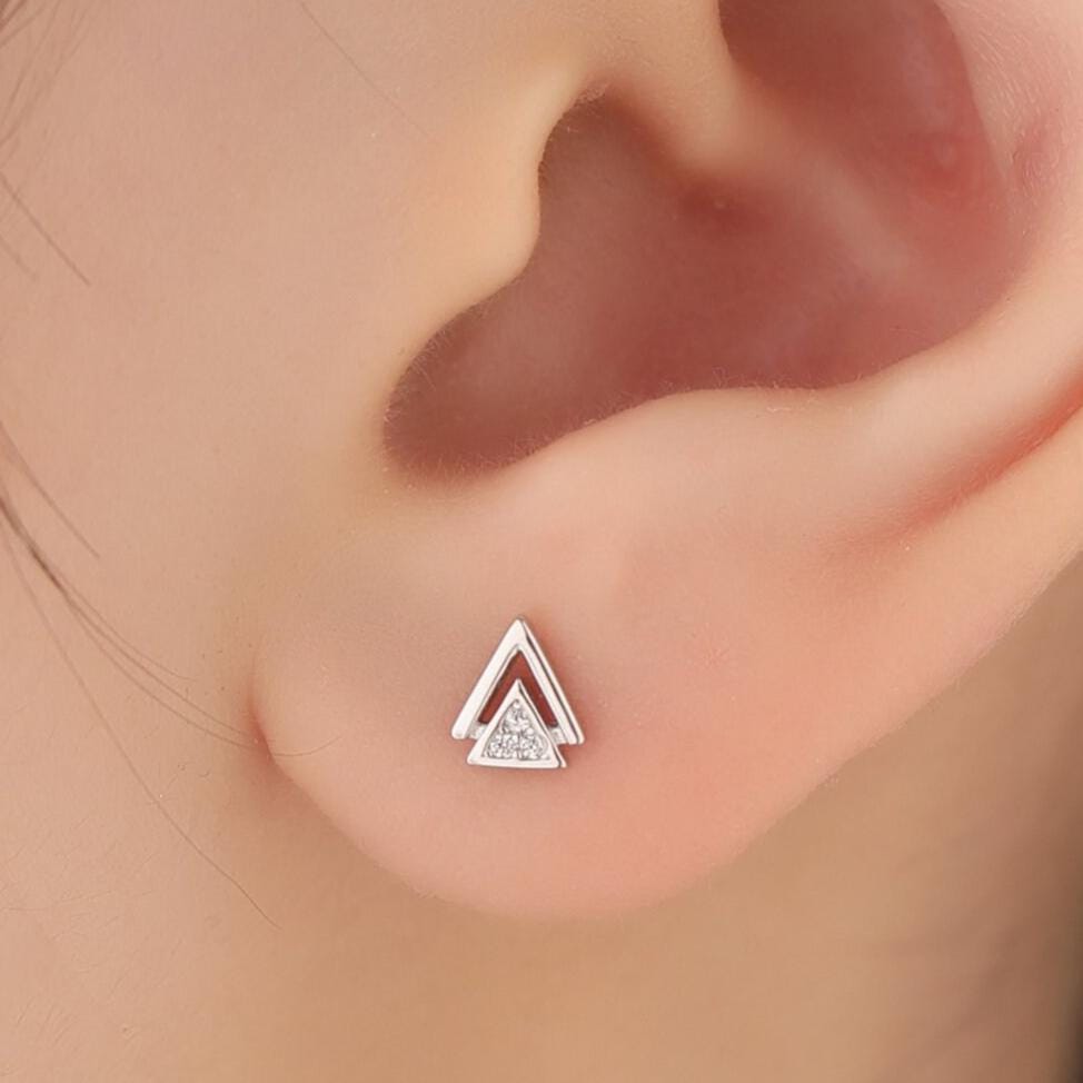 Tiny Double Triangle Stud Earrings in Sterling Silver, Silver or Gold or Rose Gold, Cut Out Triangle Jacket Earrings, Triangle CZ Earrings