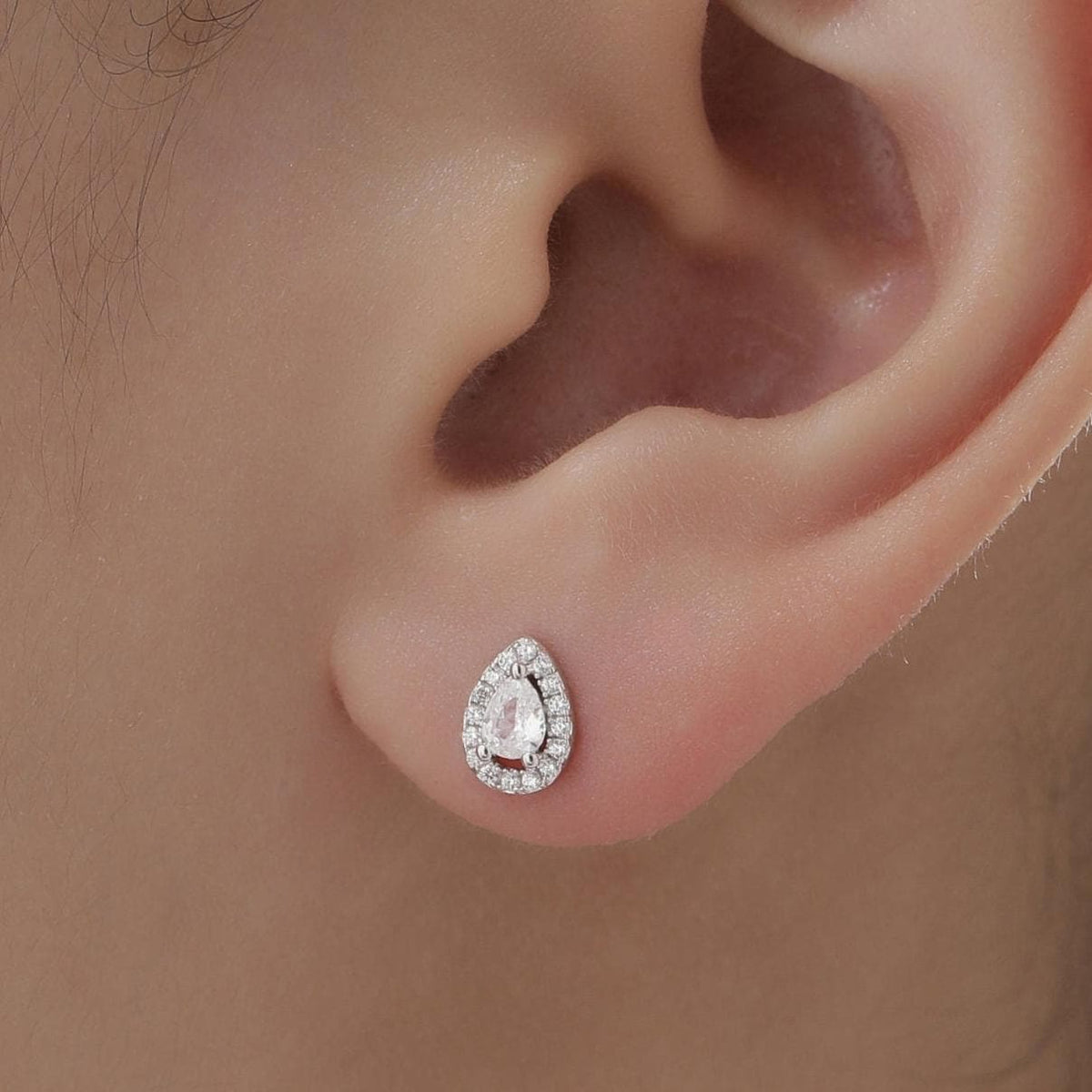 Tiny Droplet CZ Halo Stud Earrings in Sterling Silver, Silver or Gold, Tiny Pear Cut CZ Stud Earrings