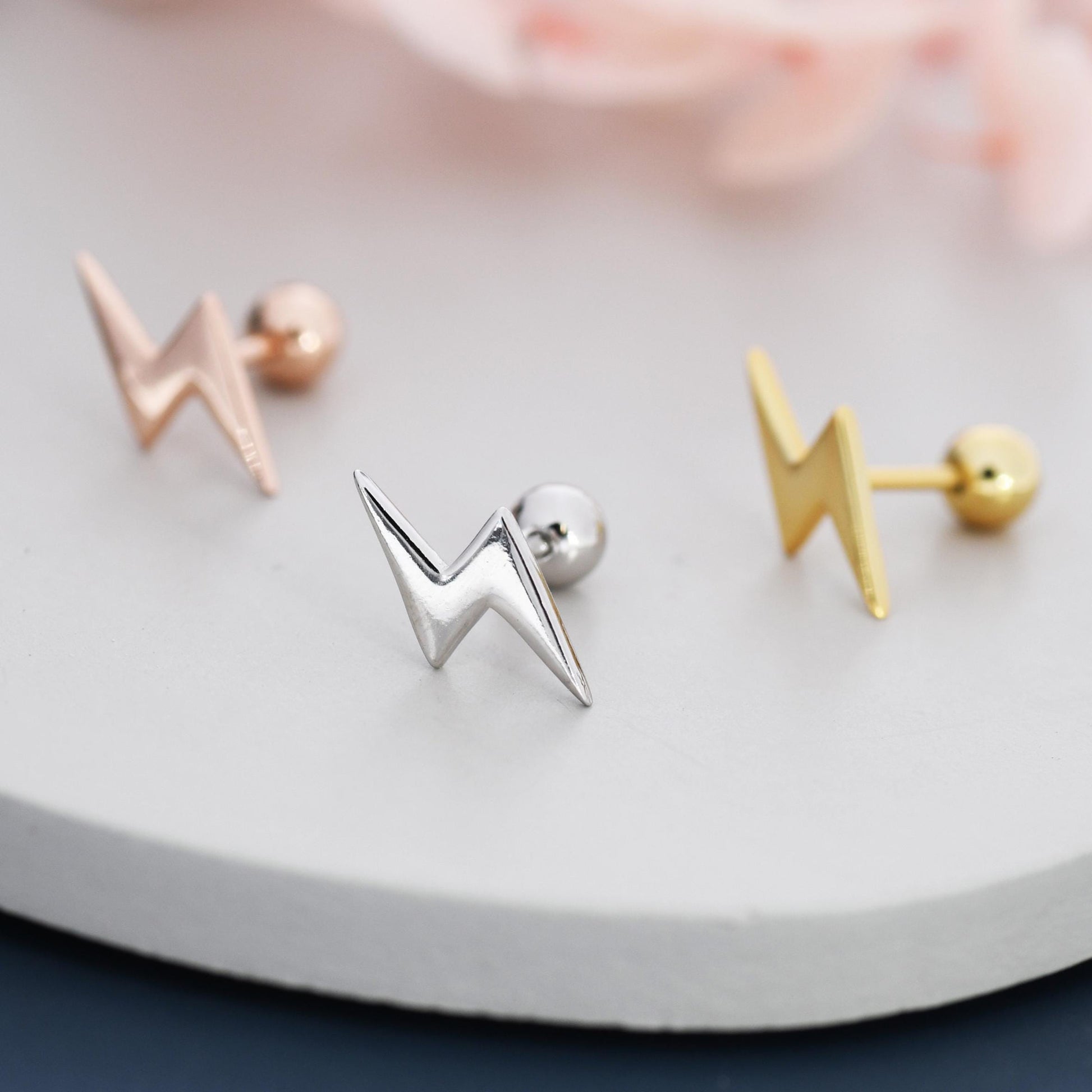 Lightning Bolt Barbell Earrings in Sterling Silver, Screw Back Lightning Bolt Earrings