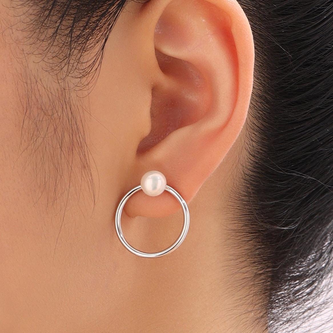 Natural Freshwater Pearl Ear Jacket in Sterling Silver, Silver or Gold, Two Way Detachable Circle Earrings, Front and Back Earring
