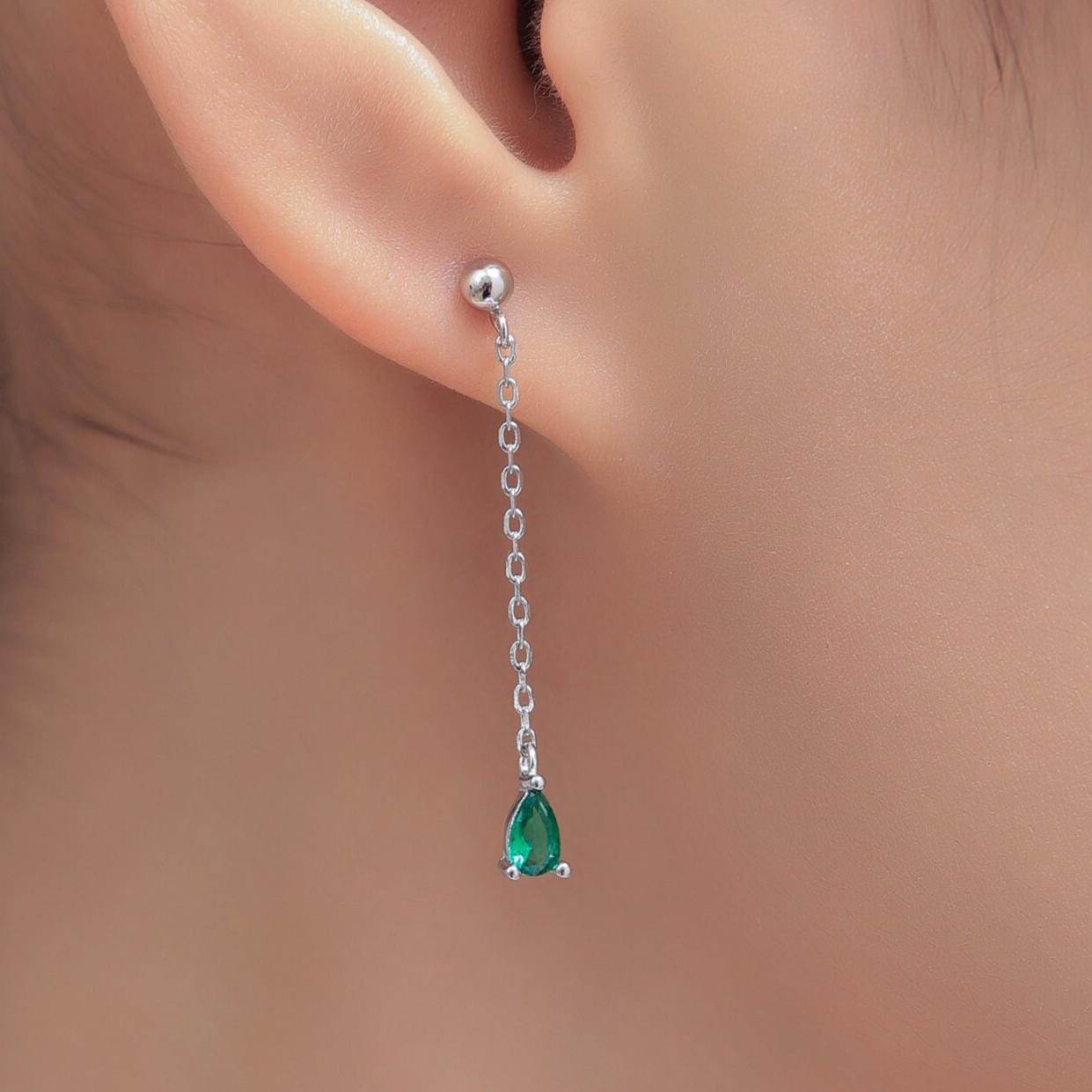 Emerald Green Droplet CZ with Chain Dangle Stud Earrings in Sterling Silver, Silver or Gold, Green CZ Pear Drop Earrings