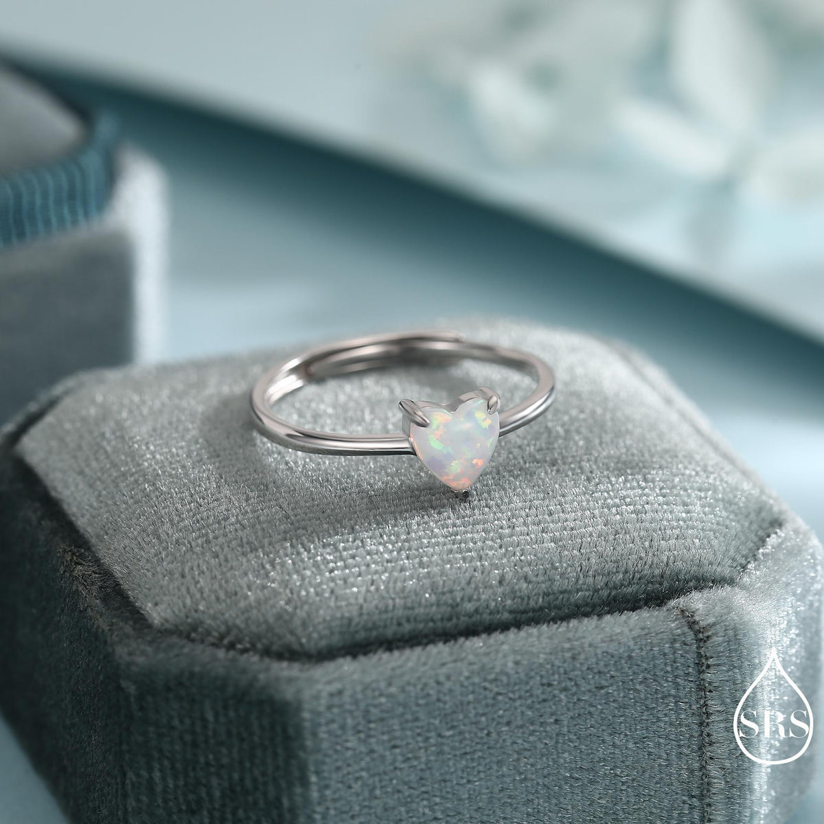 Fire Opal Heart Ring in Sterling Silver, Adjustable Size Opal Ring, Prong Set, Lab Opal Stone Ring, Opal Ring, Delicate Stacking Ring