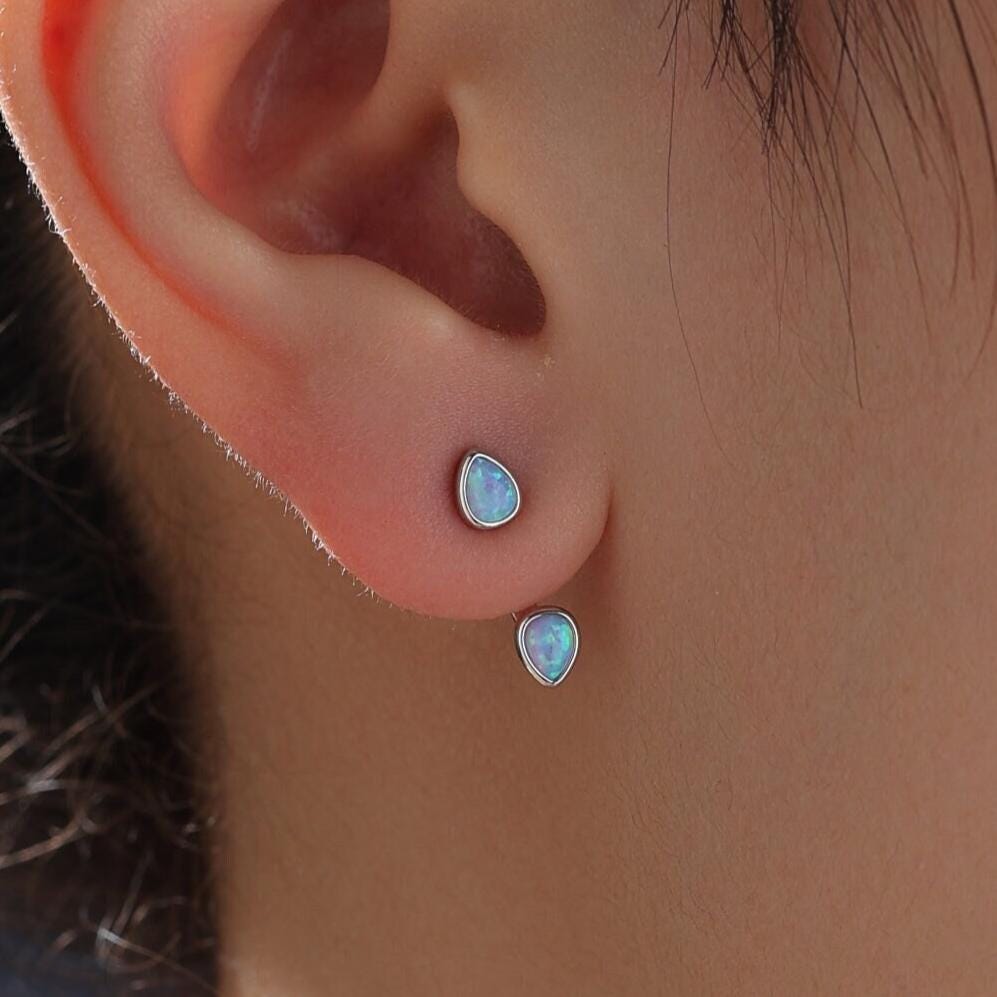 Blue Opal Droplet Ear Jacket in Sterling Silver, Silver or Gold, White Opal Pear Bezel Earrings, Front and Back Earrings