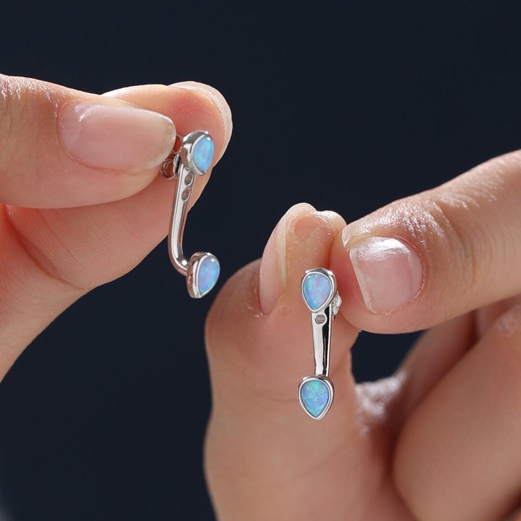Blue Opal Droplet Ear Jacket in Sterling Silver, Silver or Gold, White Opal Pear Bezel Earrings, Front and Back Earrings