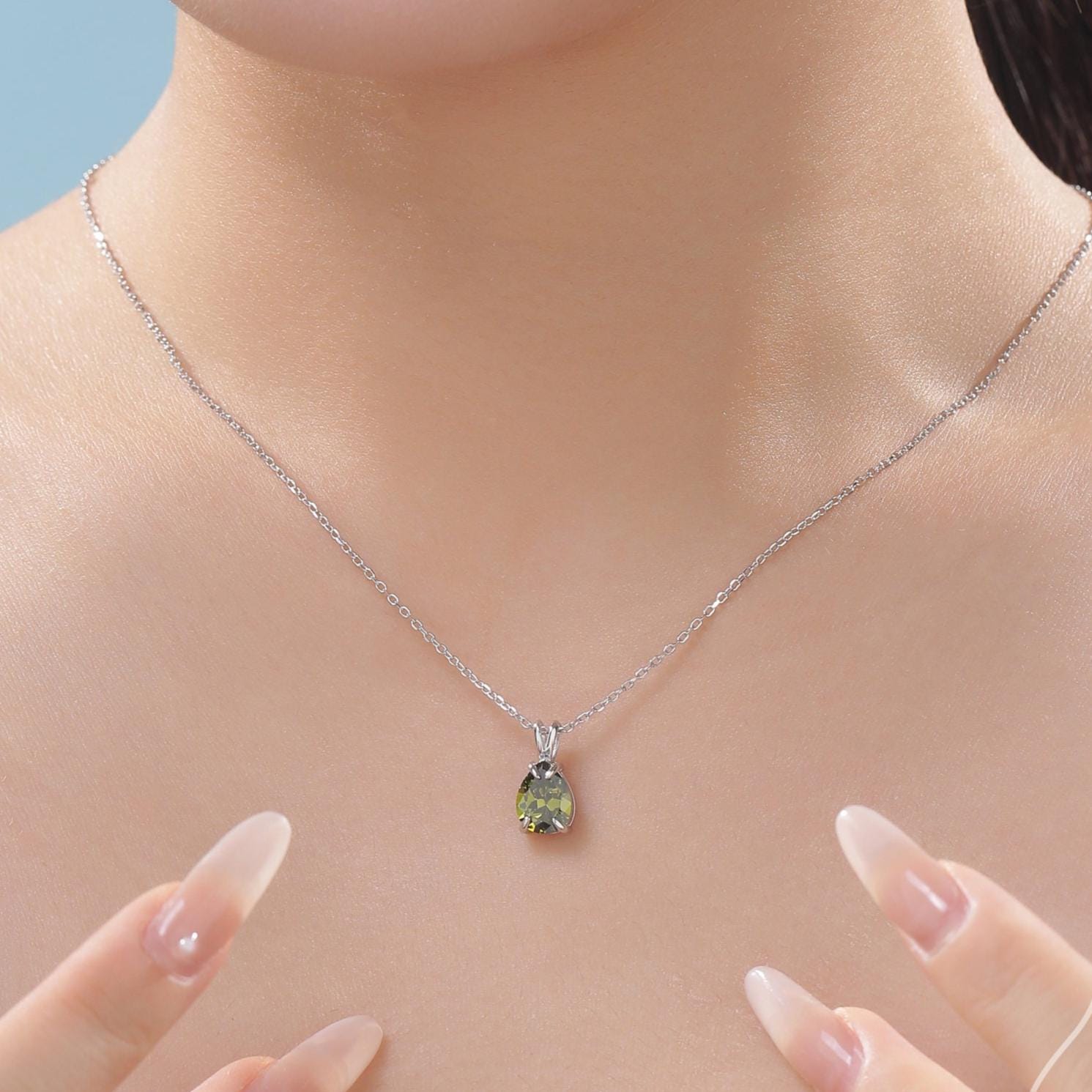 Olive Green CZ Pear Cut Pendant Necklace in Sterling Silver, 7 x 9mm, Green Droplet necklace, Diamond CZ