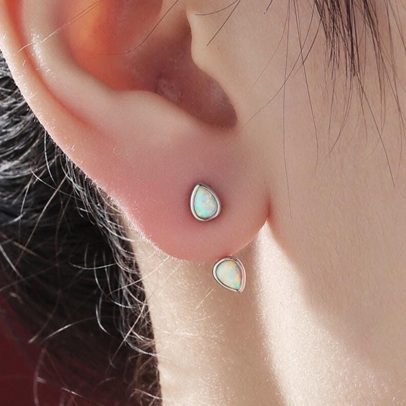 White Opal Droplet Ear Jacket in Sterling Silver, Silver or Gold, White Opal Pear Bezel Earrings, Front and Back Earrings