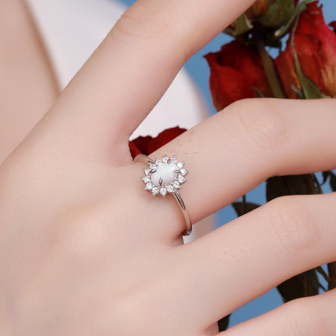 White Opal CZ Halo Oval Ring in Sterling Silver, US 5 - 8, 4x6mm, Lab Opal Stone Ring, Fire Opal Ring