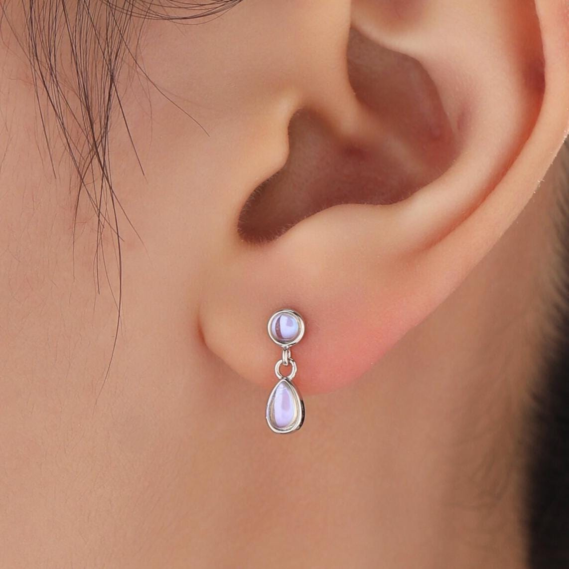 Double Moonstone Dangle Earrings in Sterling Silver, Silver or Gold, Round and Droplet Lab Moonstone Bezel Earrings, Two Moonstone Earrings