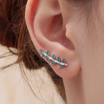Emerald Green CZ Leaf Crawler Earrings in Sterling Silver, Silver, Gold or Rose Gold, Olive Branch Climber Earrings, Nature Inspired Earring
