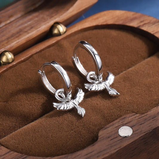 Phoenix Bird Charm Huggie Hoop Earrings in Sterling Silver, Silver, Gold or Rose Gold, Phoenix Earrings, Detachable Charm Hoops