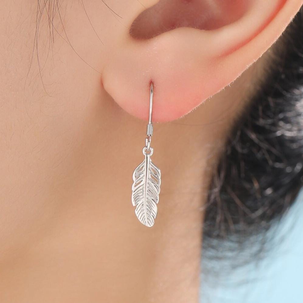 Sterling Silver Feather Drop Hook Earrings, Silver or Gold or Rose Gold, Delicate Feather Dangle Earrings, Nature Inspired