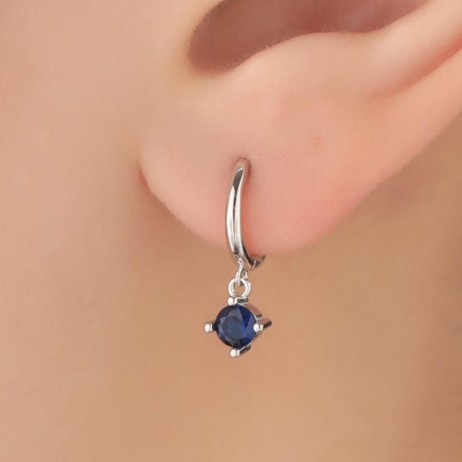 Tiny Sapphire Blue CZ Huggie Hoop in Sterling Silver, Silver or Gold or Rose Gold, Minimalist Simple Hoop Earrings, 4mm CZ Hoops