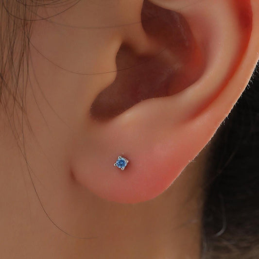 Extra Tiny 2mm Aquamarine Blue CZ Stud Earrings in Sterling Silver, Silver or Gold, Barely Visible Stud Earrings, 2mm Blue Earrings
