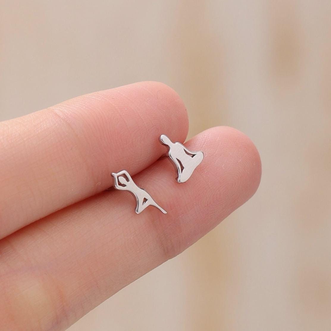 Mismatched Yoga Pose Stud Earrings in Sterling Silver, in Silver or Gold or Rose Gold, Asymmetric Yoga Earrings, Silver Meditation Earring