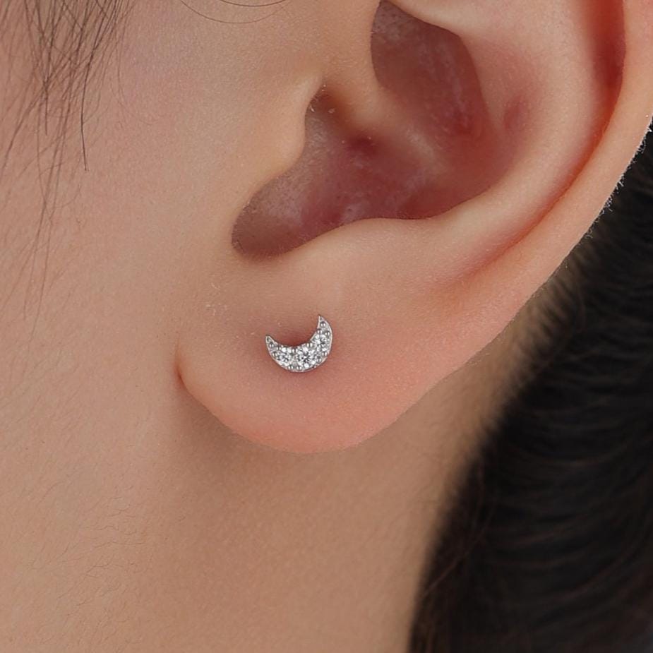 Mismatched Moon and Star CZ Barbell Earrings in Sterling Silver, Screw back CZ Moon and Star Earrings, Celestial Earrings