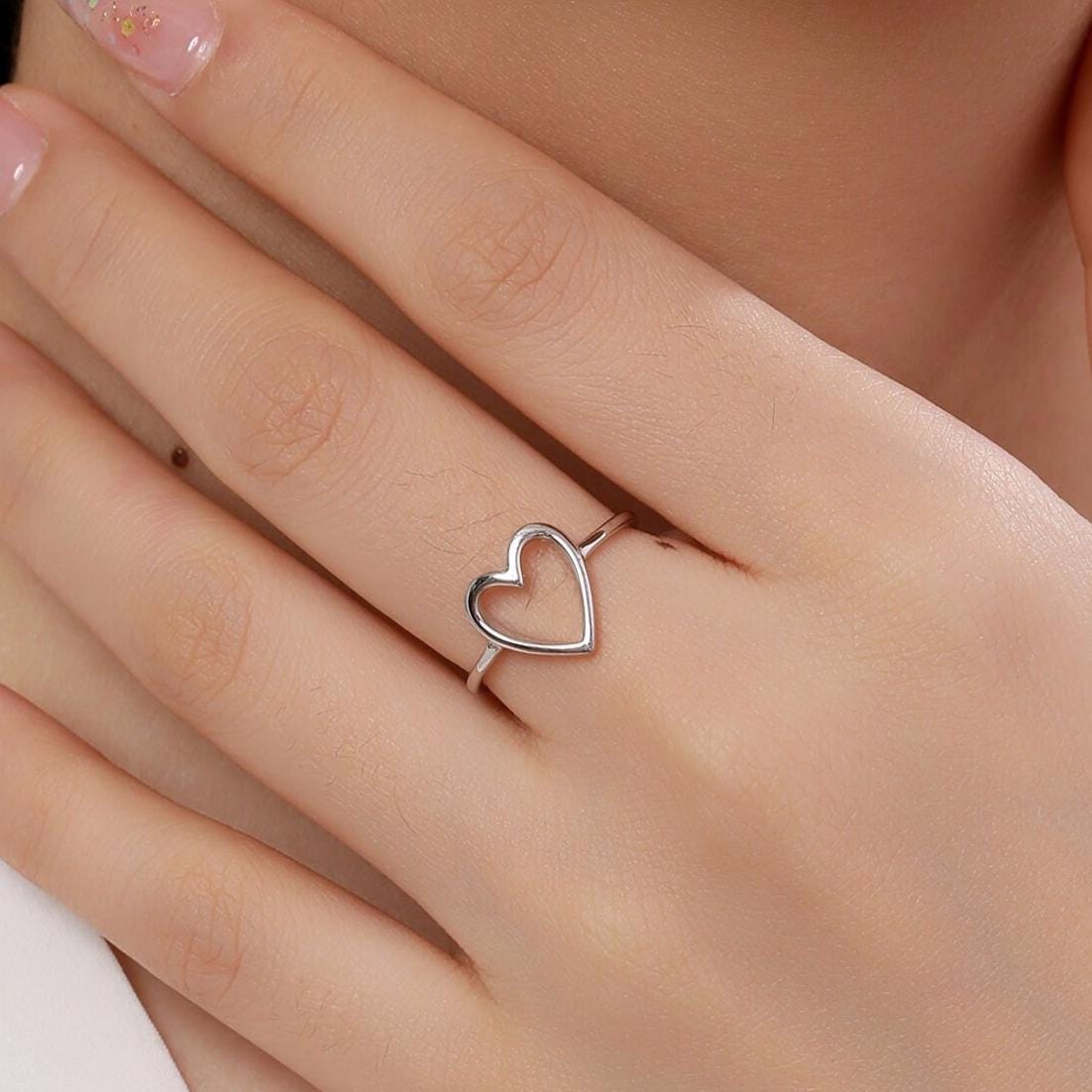 Open Heart Ring in Sterling Silver, US 5 - 8, Minimalist Ring, Geometric Heart Ring in Silver, Solid Silver Ring