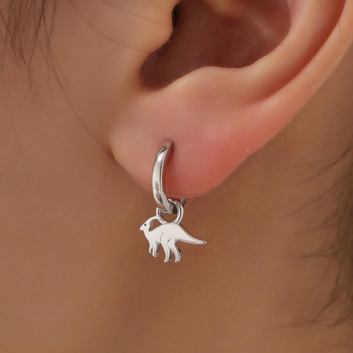 Sterling Silver Parasaurolophus Dinosaur Dangle Hoop Earrings, Silver, Gold or Rose Gold, Dinosaur Huggie Hoops, Interchangeable Detachable