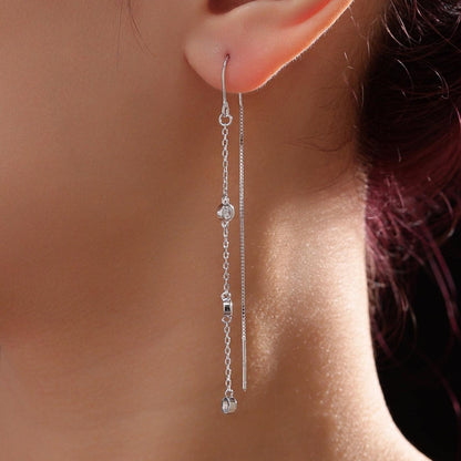 CZ Bezel Cascade Drop U Threader Earrings in Sterling Silver, Silver or Gold, Geometric CZ Long Dangle Drop Earrings