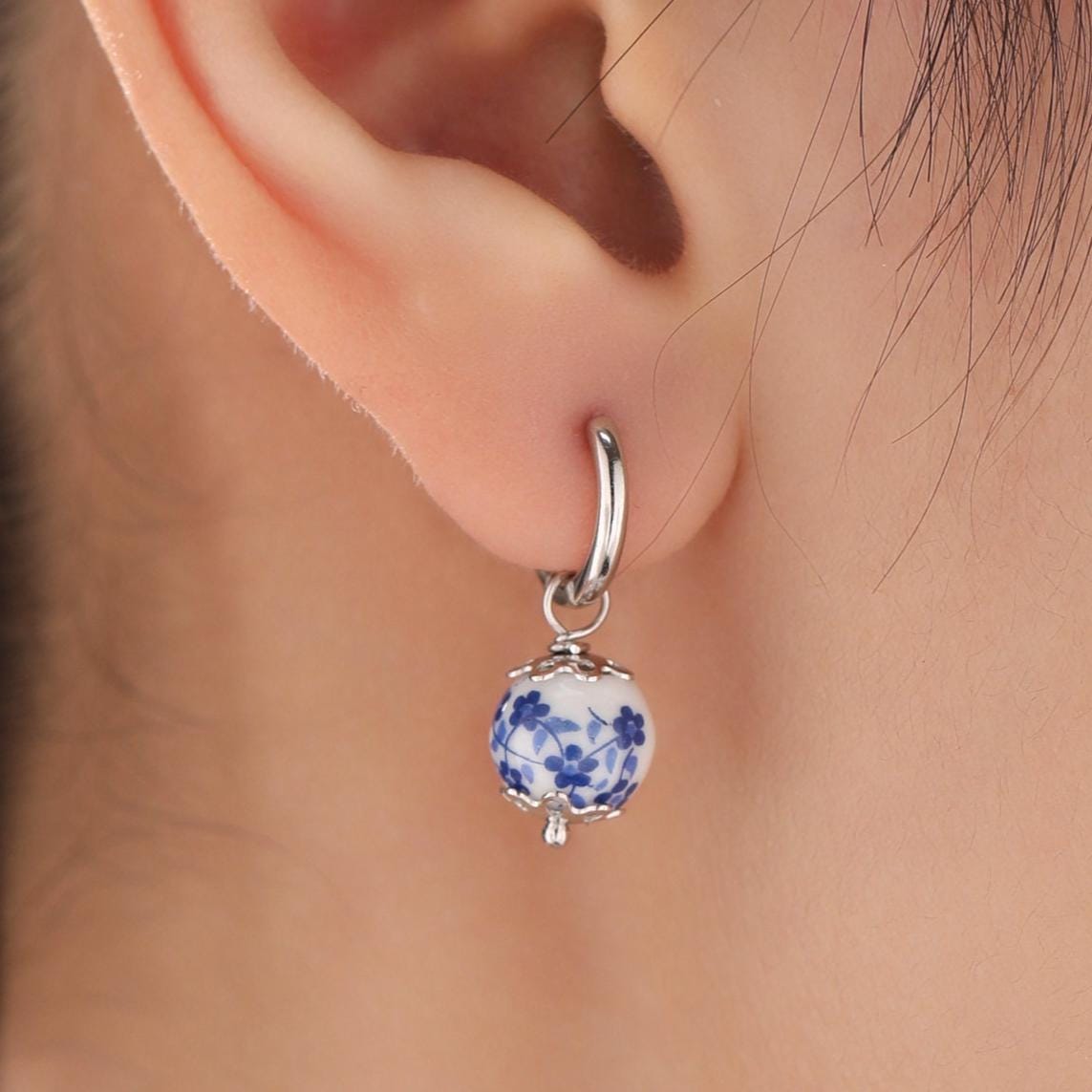 Ceramic Beads Hoop Earrings in Sterling Silver, Silver or Gold , 6mm or 8mm Porcelain Beads, Ceramic Beads Earrings