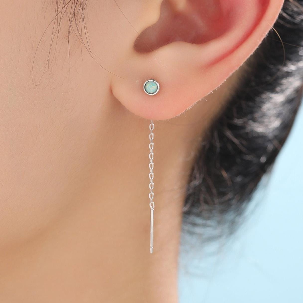 4mm Aqua Green Opal Dot Threader Earrings in Sterling Silver, Lab Opal Ear Threaders, Silver or Gold, Opal Threaders, Chain Earrings