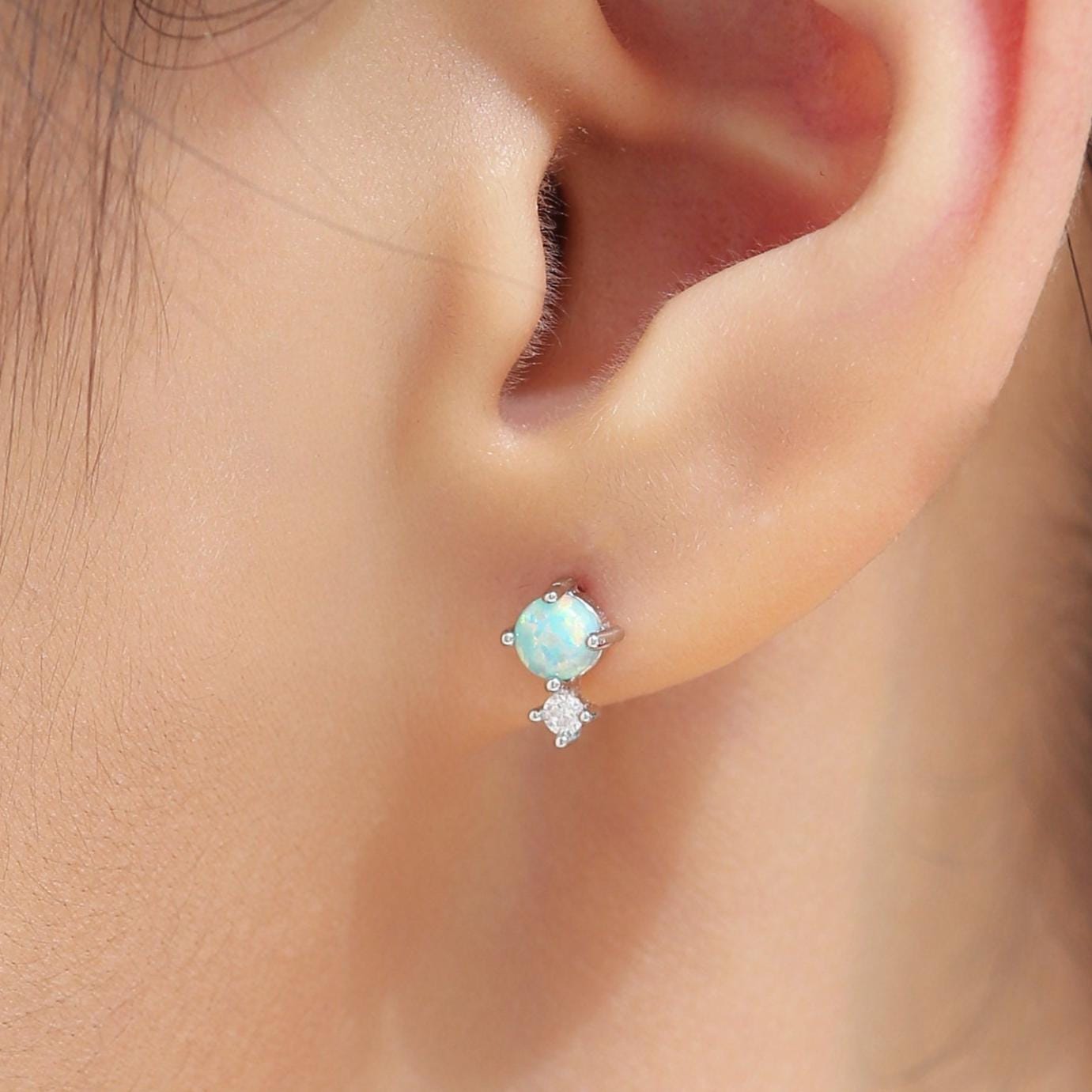 Sterling Silver Tiny Aqua Green Opal and CZ Stud Earrings, Tiny Opal Earrings, Fire Opal, Lab Opal Stud