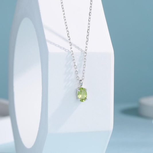 Tiny Genuine Peridot Crystal Oval Pendant Necklace in Sterling Silver, 4x6mm Tiny Oval Natural Peridot Necklace, August Birthstone