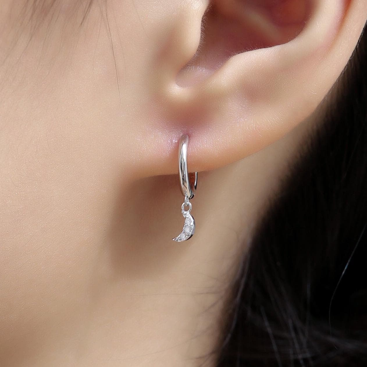 Moon and Star CZ Dangle Huggie Hoop Earrings in Sterling Silver, Silver or Gold or Rose Gold, CZ Moon and Star Skinny Hoops