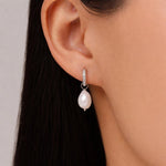 Baroque Pearl Hammered Hoop Earrings in Sterling Silver