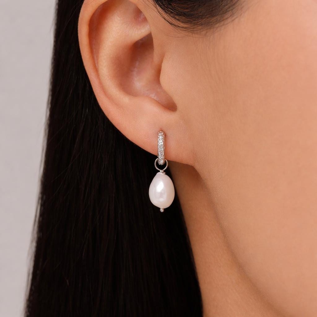Baroque Pearl Hammered Hoop Earrings in Sterling Silver