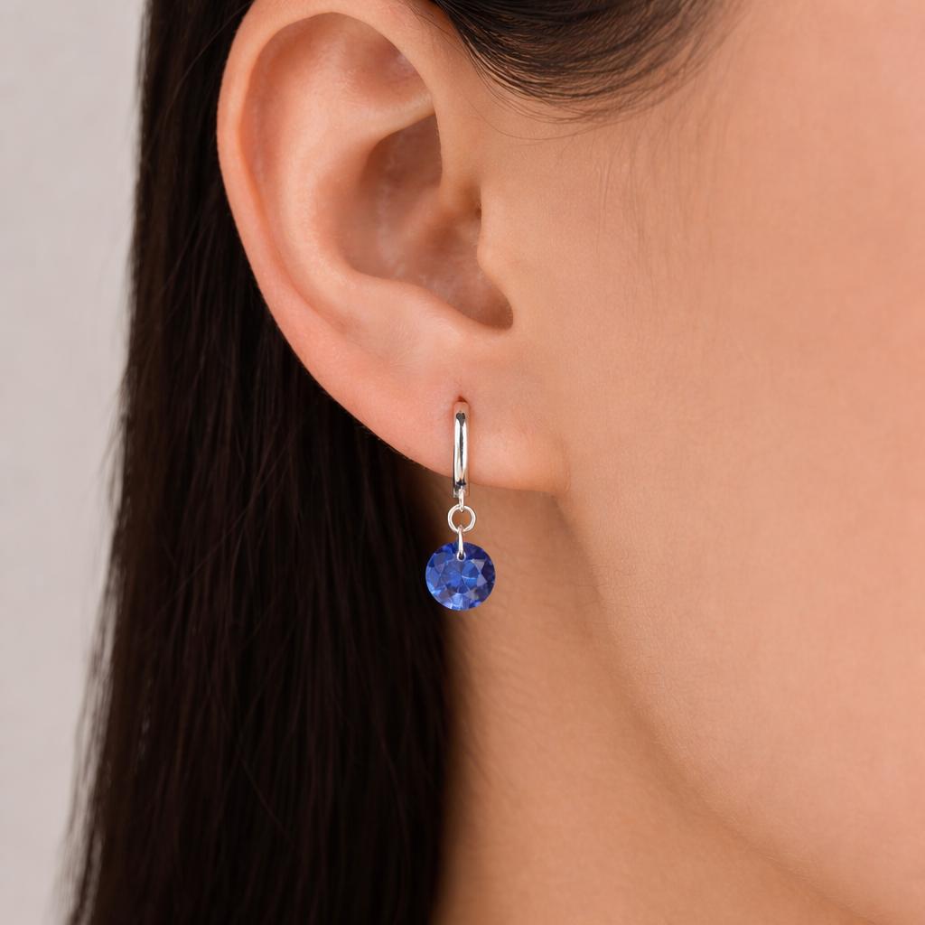 Dangle Sapphire Blue CZ Huggie Hoop Earrings in Sterling Silver, Silver or Gold, Delicate Sparky CZ Skinny Hoops, Dark Blue Crystal Hoops