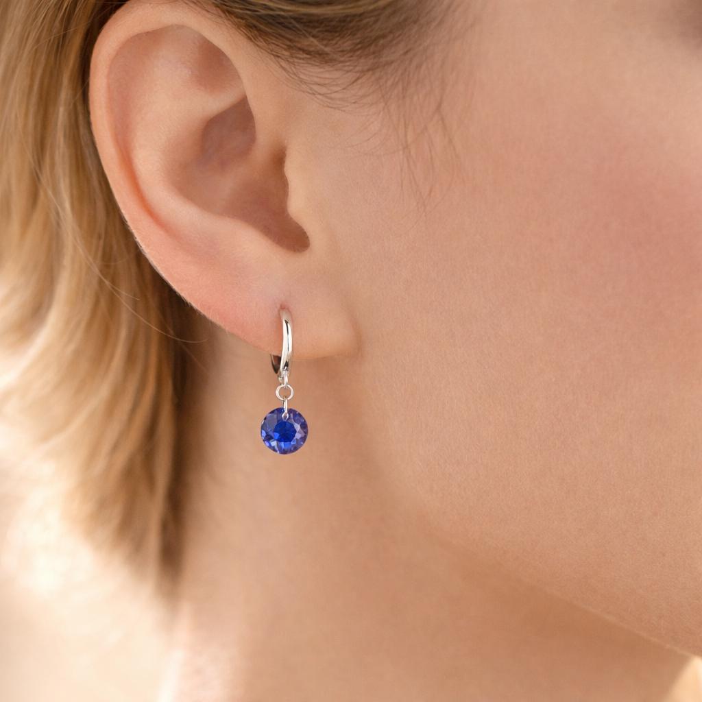 Dangle Sapphire Blue CZ Huggie Hoop Earrings in Sterling Silver, Silver or Gold, Delicate Sparky CZ Skinny Hoops, Dark Blue Crystal Hoops