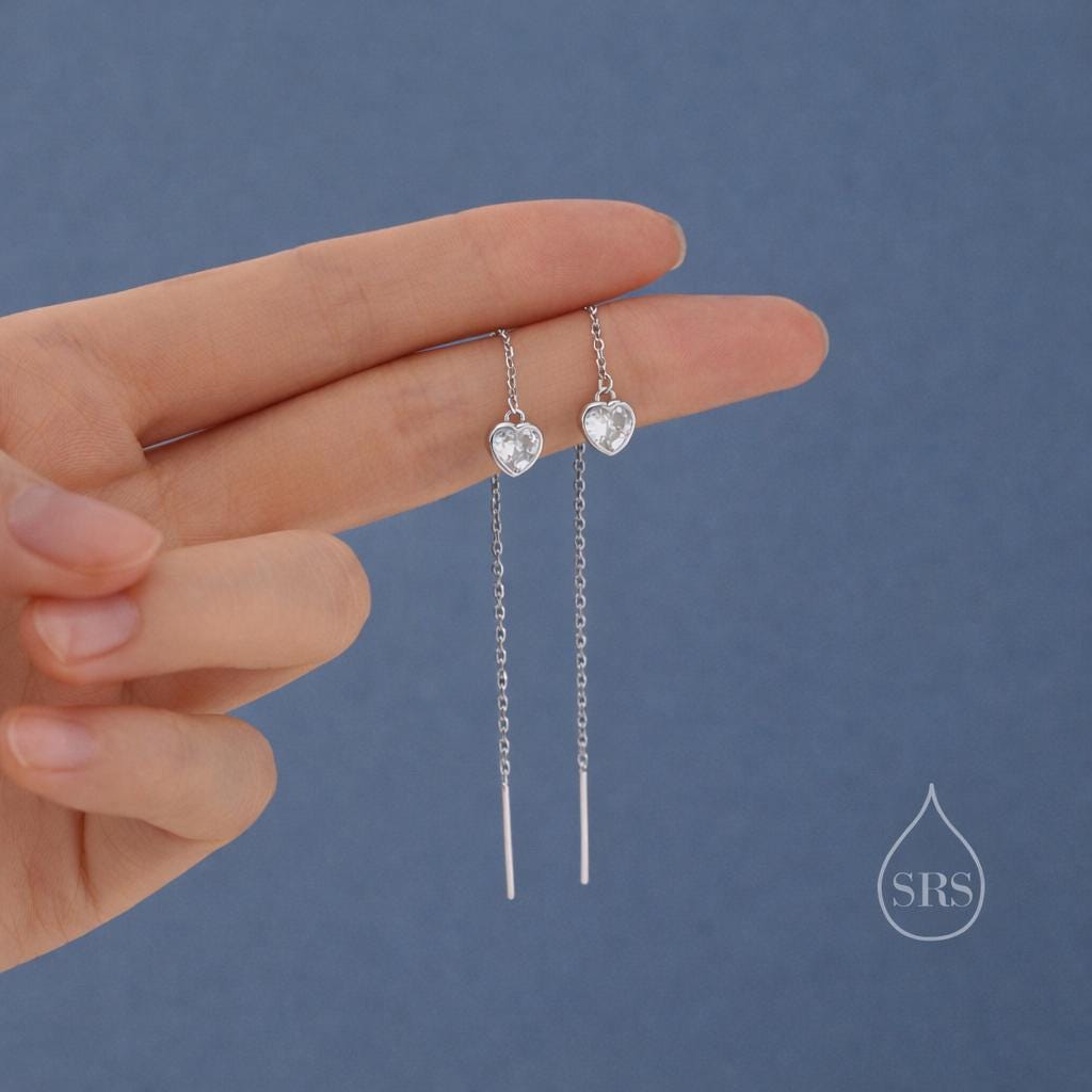 Tiny CZ Heart Threader Earrings in Sterling Silver, 9cm, Silver or Gold, Dainty Heart Ear Threaders, Delicate Heart Threaders