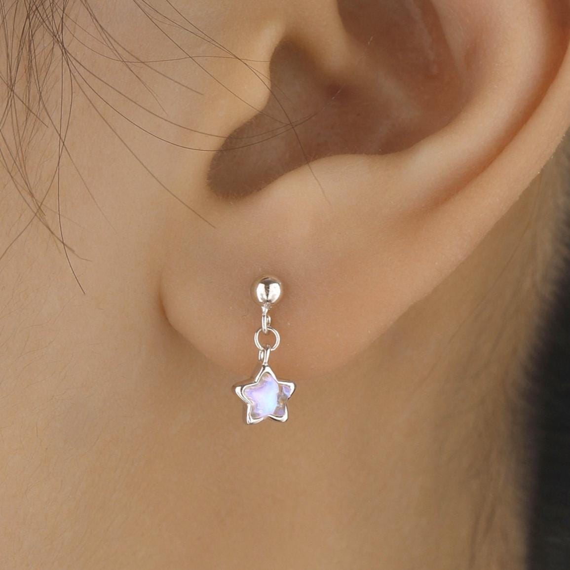 Asymmetric Tiny Moonstone Star Dangle Stud Earrings in Sterling Silver, Silver or Gold or Rose Gold, Aurora Star Earrings, Sunburst Earrings