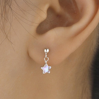 Asymmetric Tiny Moonstone Star Dangle Stud Earrings in Sterling Silver, Silver or Gold or Rose Gold, Aurora Star Earrings, Sunburst Earrings
