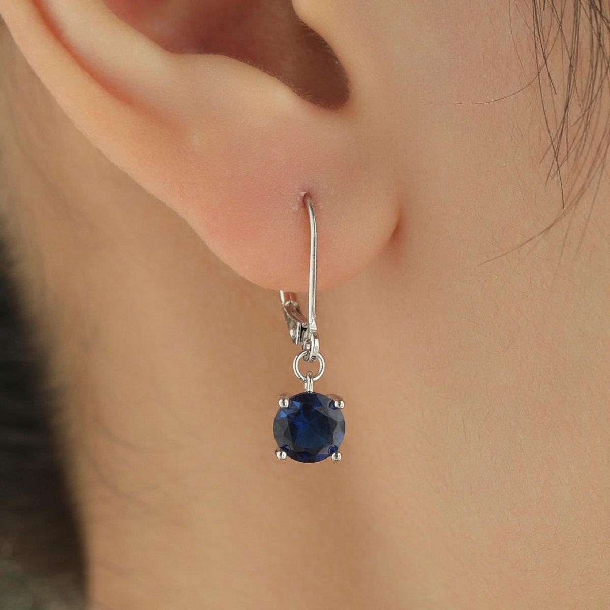 Sapphire Blue CZ Lever Back Hoop in Sterling Silver, 2 Sizes Available, 6mm or 6.5mm, Minimalist Simple Crystal Leverback Hoop Earrings