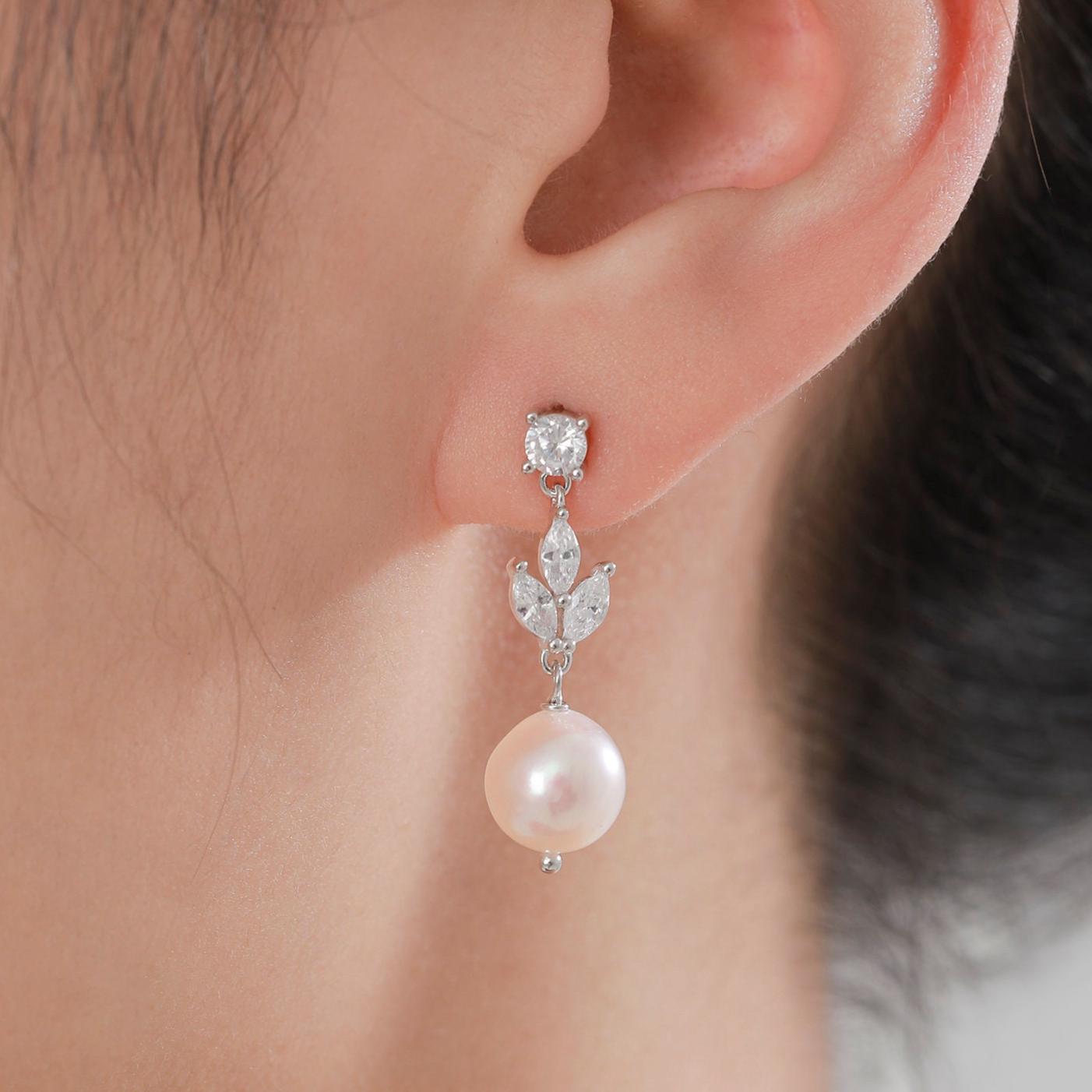 Genuine Freshwater Pearl and CZ Drop Earrings in Sterling Silver, Silver or Gold or Rose Gold, Delicate Keshi Pearl Earrings, Genuine Pearl