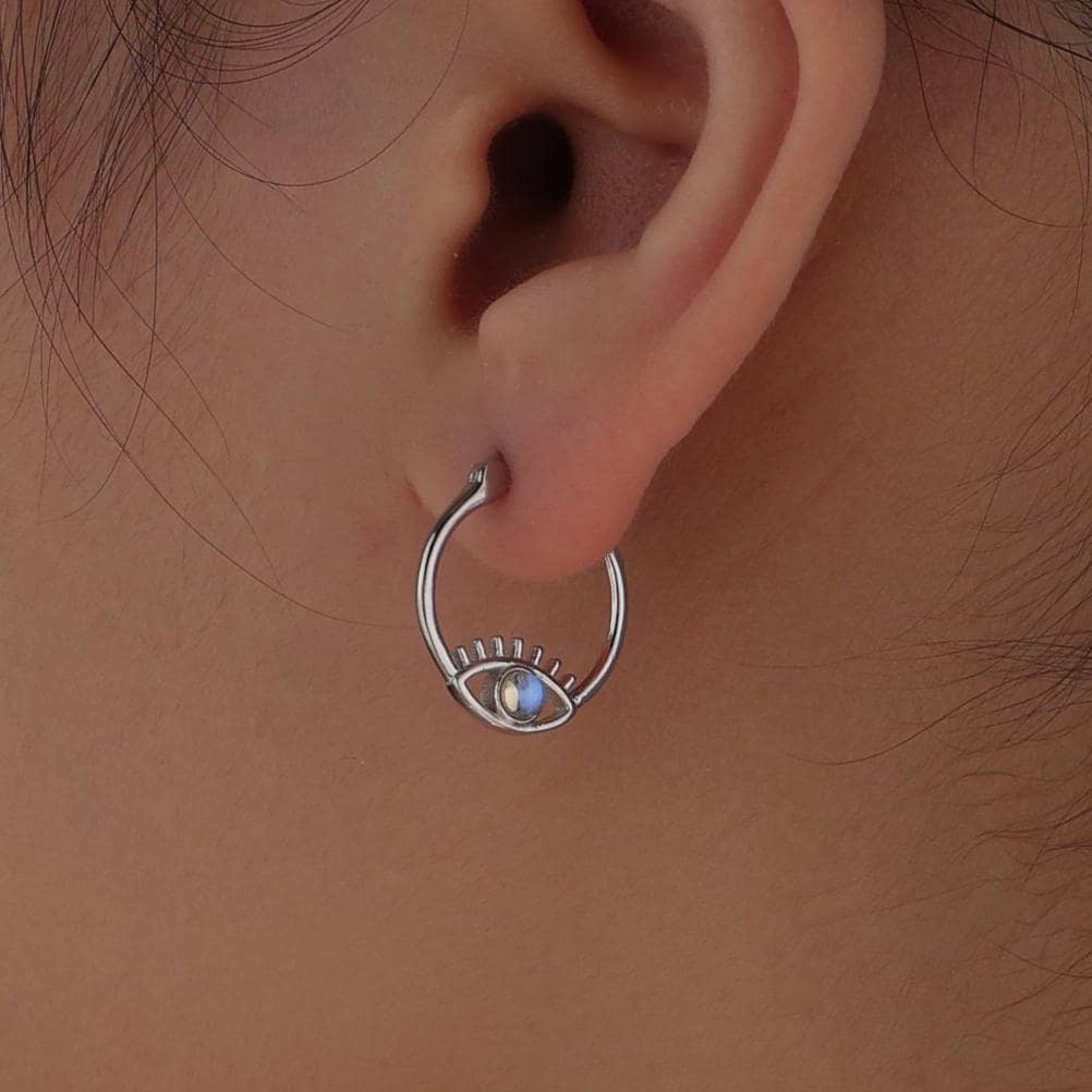 Moonstone Eye Hoop Earrings in Sterling Silver, Silver or Gold Evil Eye Hoops, Simulated Moonstone, Evil Eye Earrings, Eye Earrings