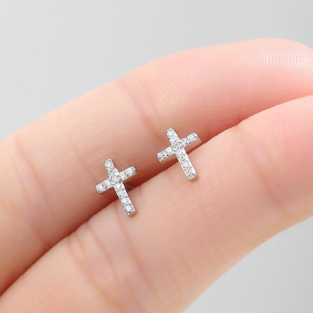 Small Cross Stud Earrings in Sterling Silver with CZ crystals, in Silver or Gold or Rose Gold, Crystal Pave Cross Earrings, Tiny Cross Stud
