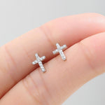Small Cross Stud Earrings in Sterling Silver with CZ crystals, in Silver or Gold or Rose Gold, Crystal Pave Cross Earrings, Tiny Cross Stud