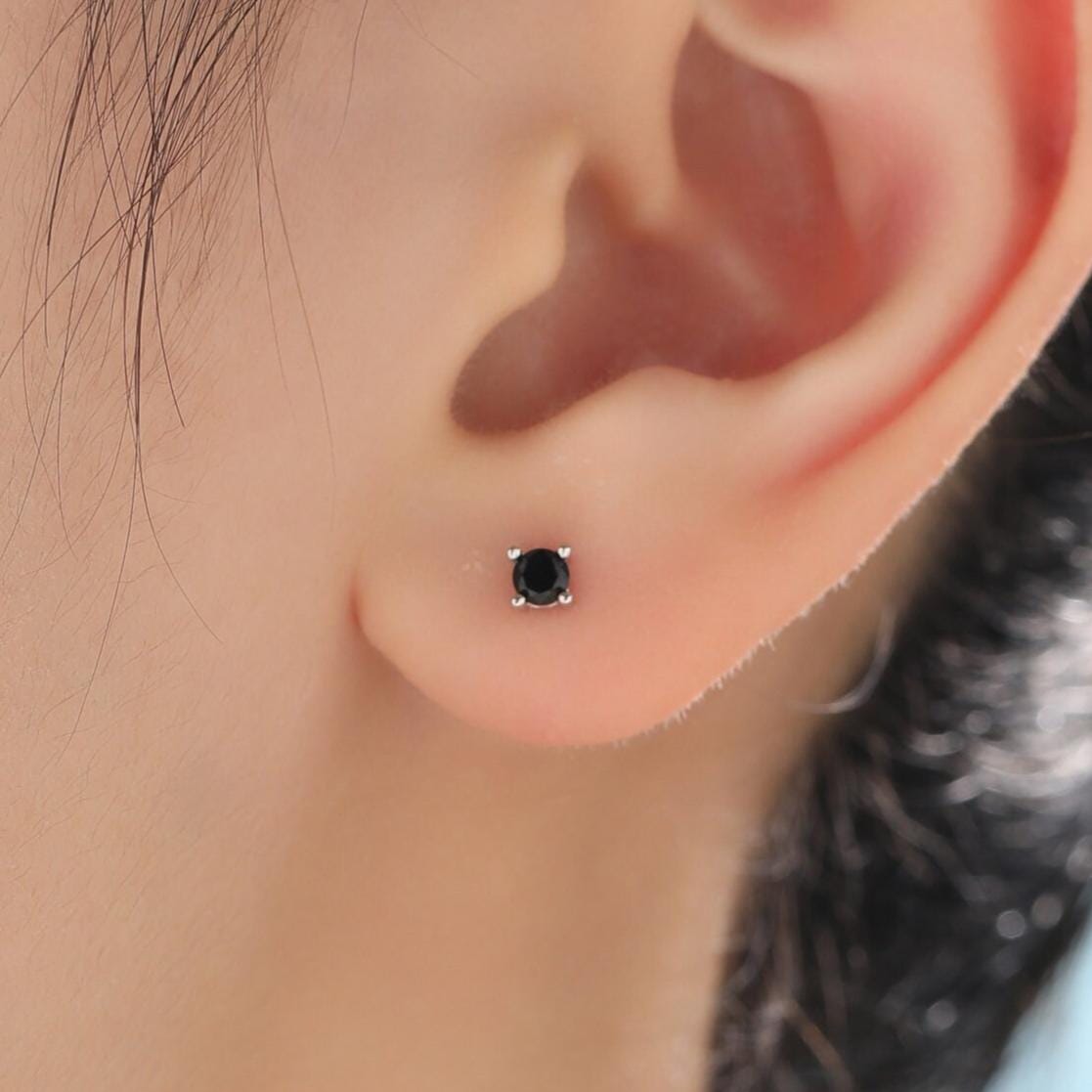 Tiny Black CZ Screw Back Earrings in Sterling Silver, 3mm or 4mm or 5mm CZ, Stacking Earrings, Black CZ Barbell Earrings, Helix Earrings