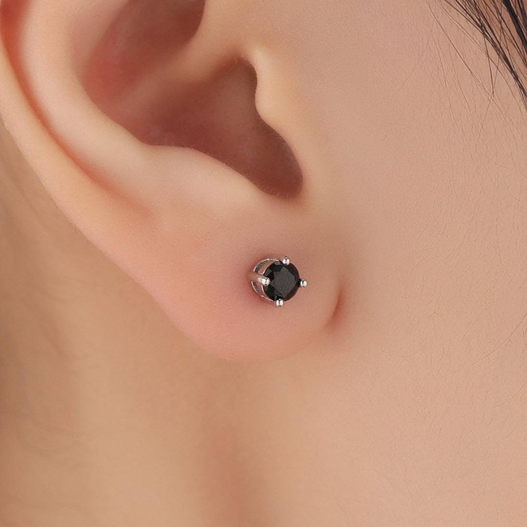 Tiny Black CZ Screw Back Earrings in Sterling Silver, 3mm or 4mm or 5mm CZ, Stacking Earrings, Black CZ Barbell Earrings, Helix Earrings